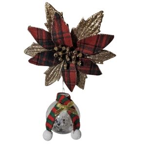Plaid Gold Poinsettia Ornament Iridescent Glitter Ball